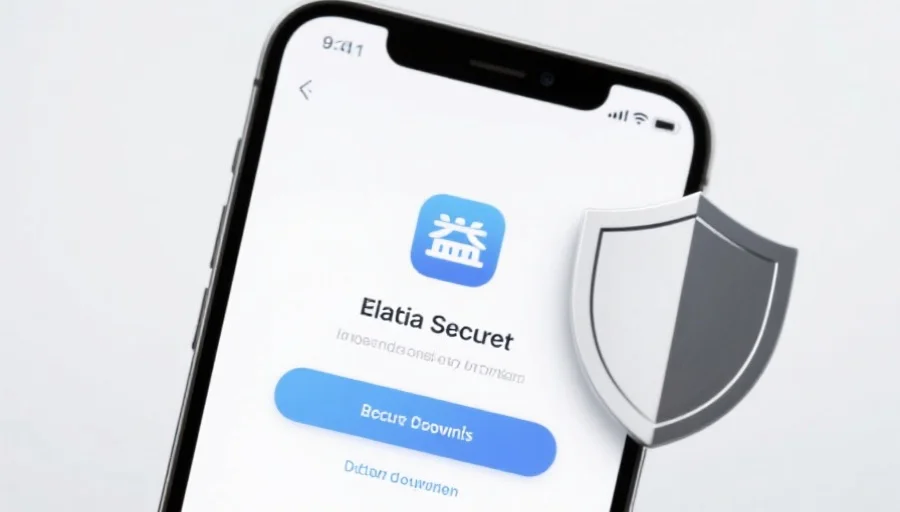 一部现代智能手机屏幕上显示双赢应用的安全下载界面,旁边有安全盾牌图标,背景简洁