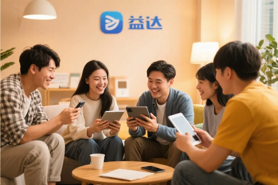 一群年轻用户围坐在一起，使用平板和手机愉快地交流，背景温馨现代，象征双赢应用的社区活跃氛围